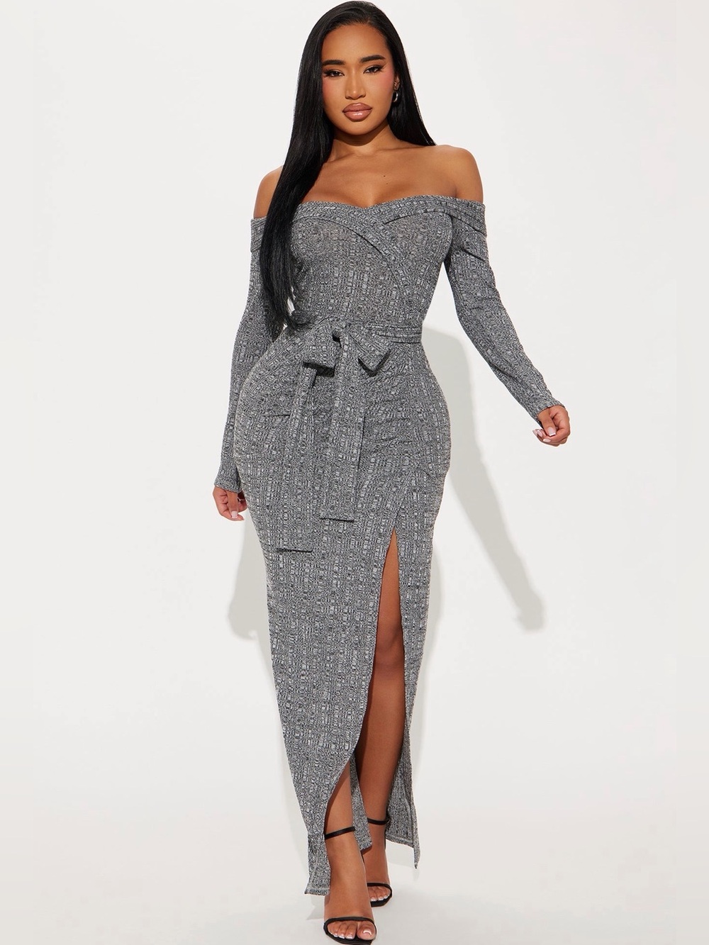 Fashion Nova Off The Shoulder Ribbed Maxi Dress in Gray - Large